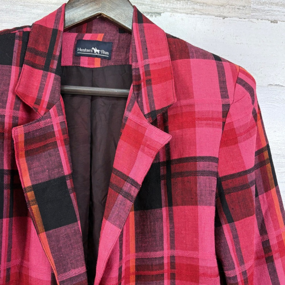 Hunters Run Pink Red Plaid Linen Blend Blazer Jacket Small Made in USA Vintage